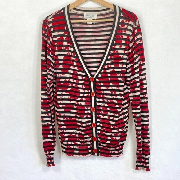 Silk Club Collection Striped Floral V-Neck Silk Blend Cardigan Size L - Picture 1 of 5